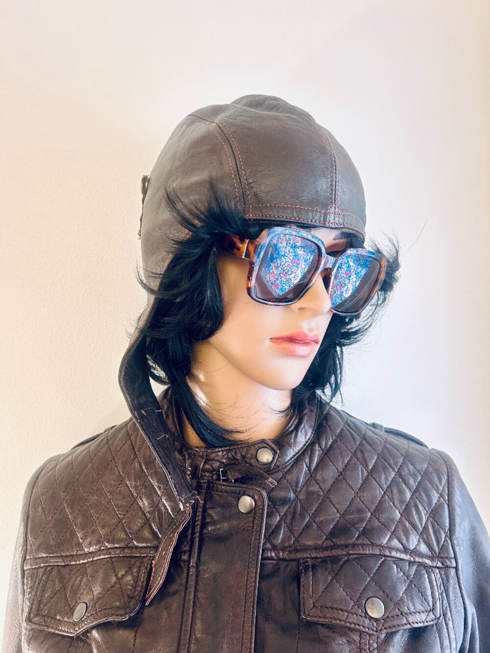 Vintage California Leather Aviator Motorcycle Helmet Cap Brown Size Medium Biker